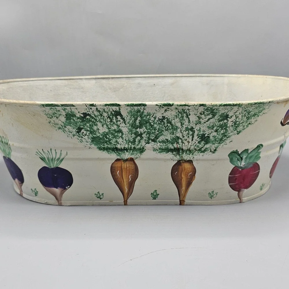 Vtg Galvanized Steel Bucket Planter Hand Painted Carrots Turnips Grandmacore